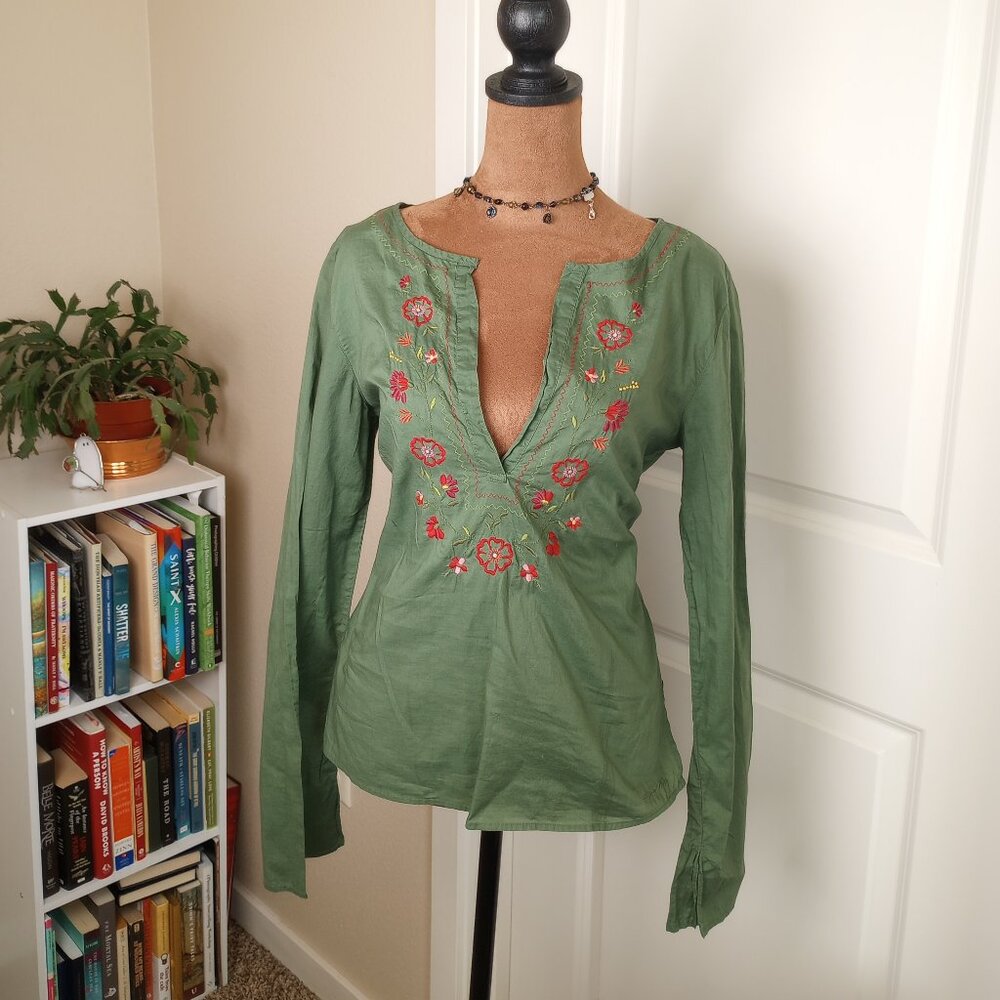 Rare Vintage Y2K Boho Peasant Top 2000s Abercrombie & Fitch Embroidered Green
